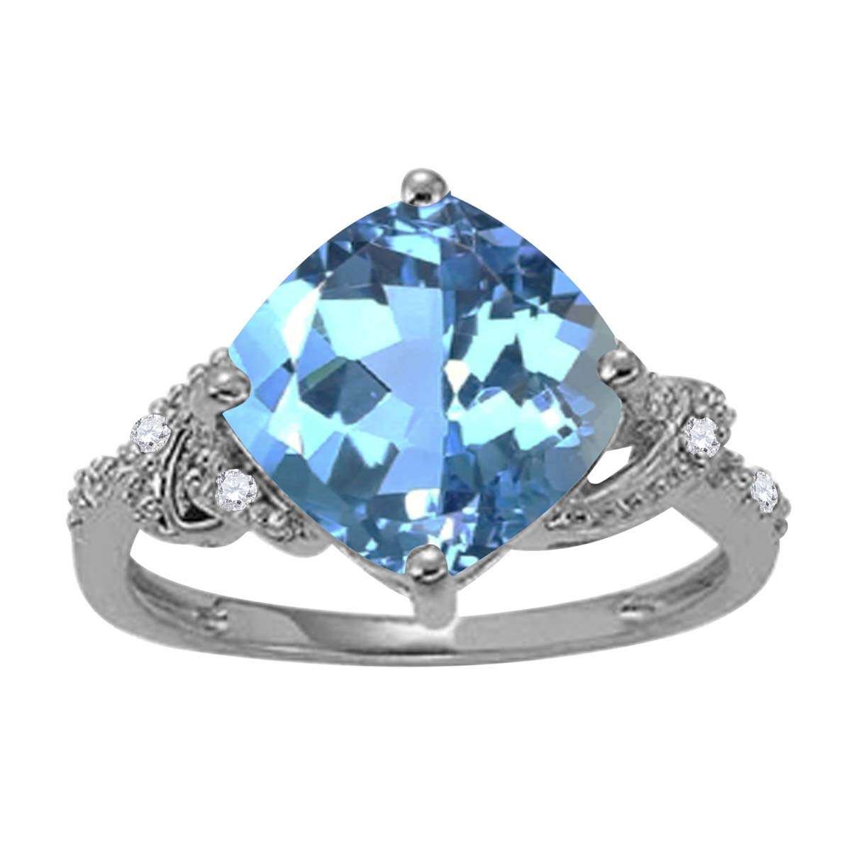 MAULIJEWELS 3.25 Carat Cushion-Shaped Blue Topaz and Diamond Ring in 10K White, Rose, and Yellow Gold Mauli Jewels