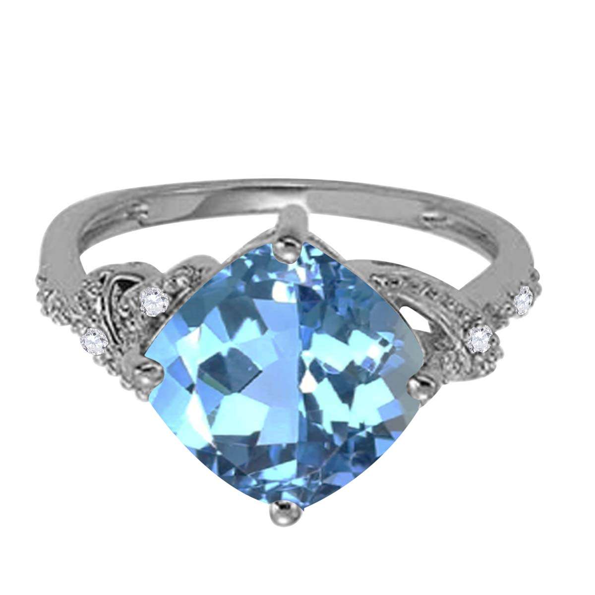 MAULIJEWELS 3.25 Carat Cushion-Shaped Blue Topaz and Diamond Ring in 10K White, Rose, and Yellow Gold Mauli Jewels