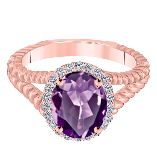 MAULIJEWELS 1.43 Carat Diamond & Oval Shaped Amethyst Ring in 10K White, Rose & Yellow Gold Mauli Jewels