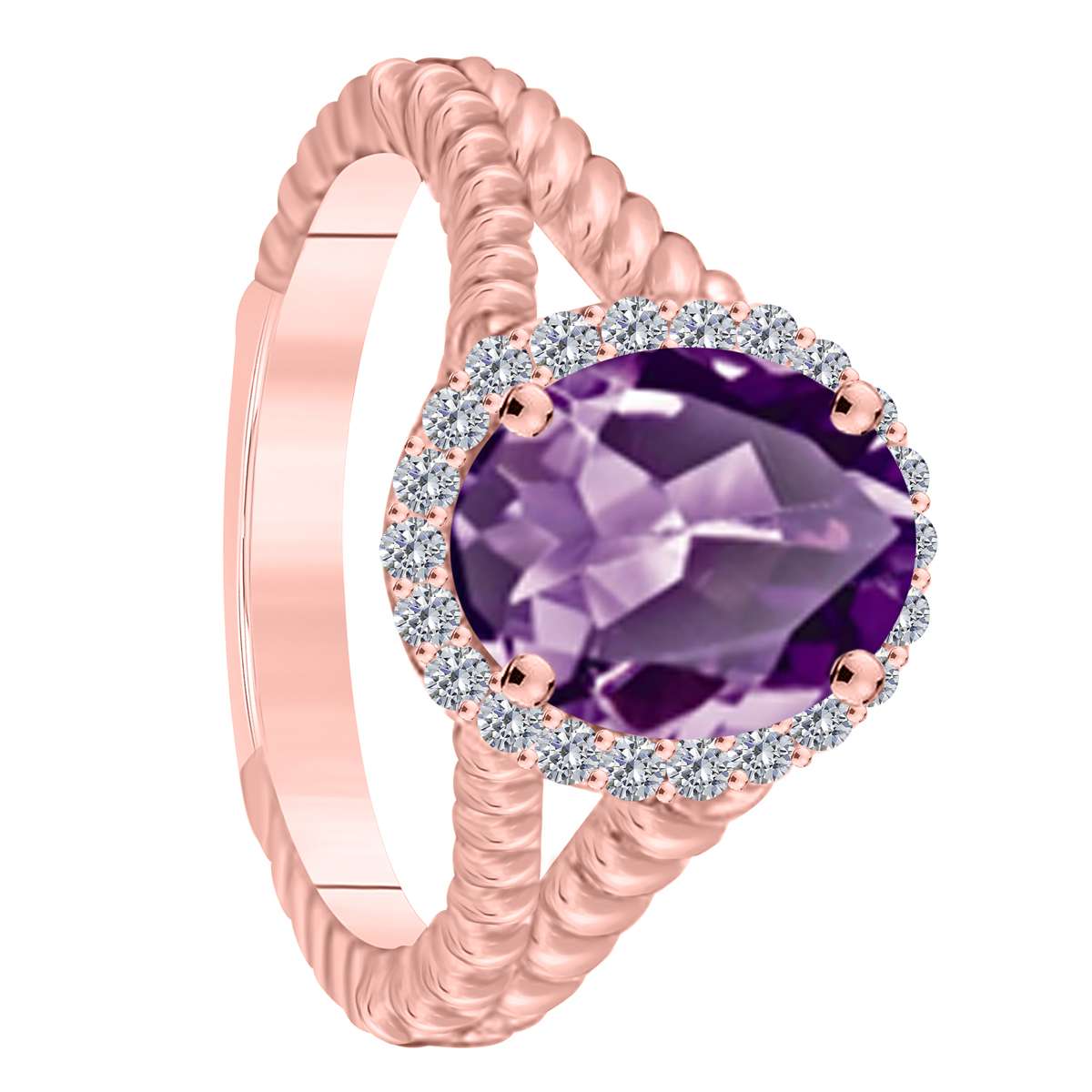 MAULIJEWELS 1.43 Carat Diamond & Oval Shaped Amethyst Ring in 10K White, Rose & Yellow Gold Mauli Jewels