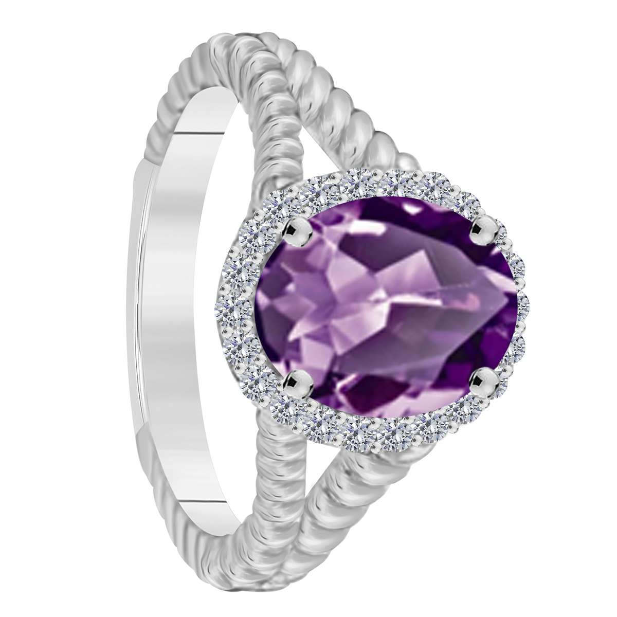 MAULIJEWELS 1.43 Carat Diamond & Oval Shaped Amethyst Ring in 10K White, Rose & Yellow Gold Mauli Jewels