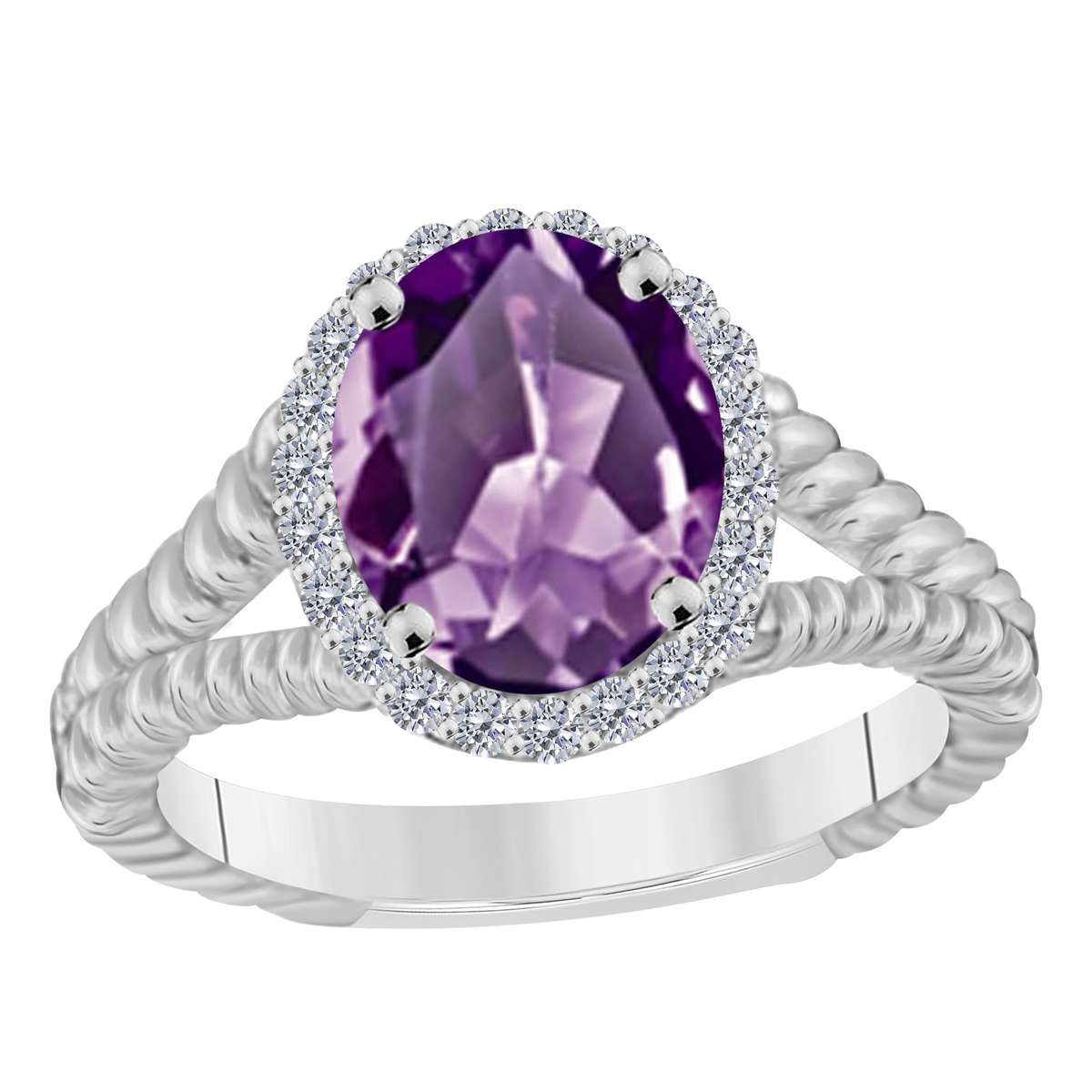 MAULIJEWELS 1.43 Carat Diamond & Oval Shaped Amethyst Ring in 10K White, Rose & Yellow Gold Mauli Jewels