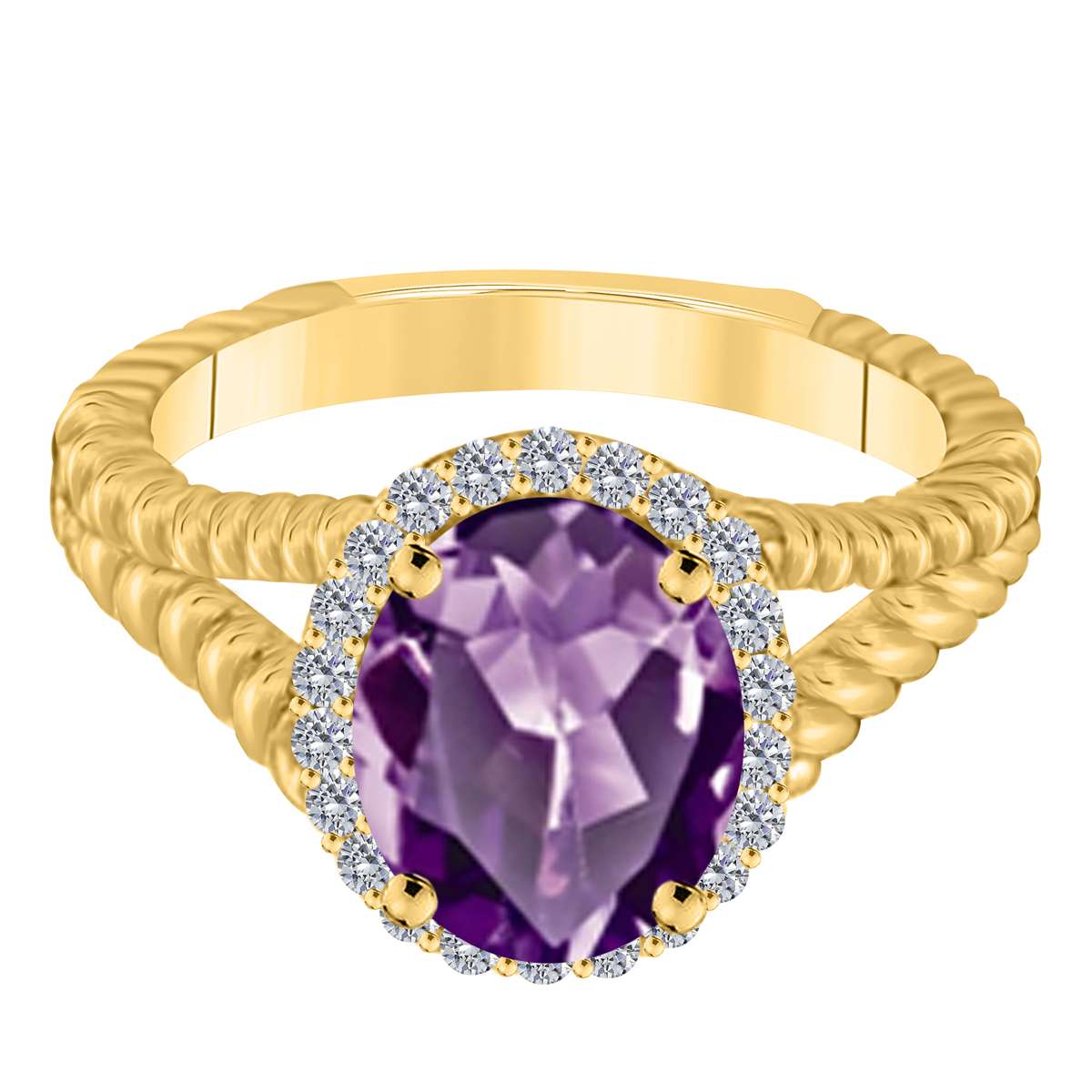 MAULIJEWELS 1.43 Carat Diamond & Oval Shaped Amethyst Ring in 10K White, Rose & Yellow Gold Mauli Jewels