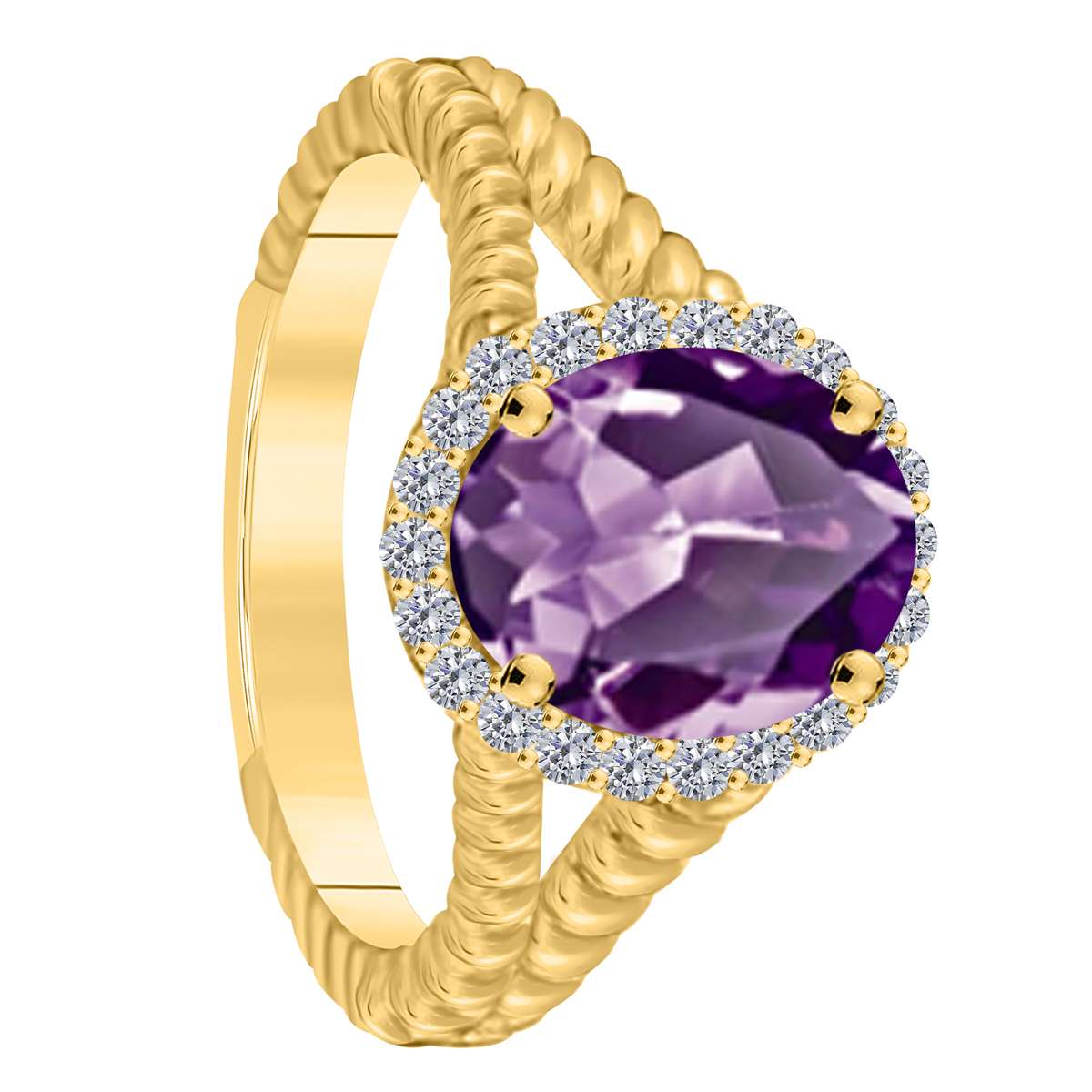 MAULIJEWELS 1.43 Carat Diamond & Oval Shaped Amethyst Ring in 10K White, Rose & Yellow Gold Mauli Jewels