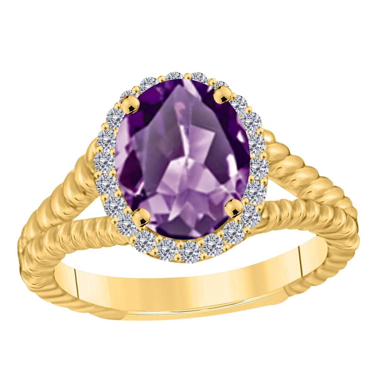 MAULIJEWELS 1.43 Carat Diamond & Oval Shaped Amethyst Ring in 10K White, Rose & Yellow Gold Mauli Jewels