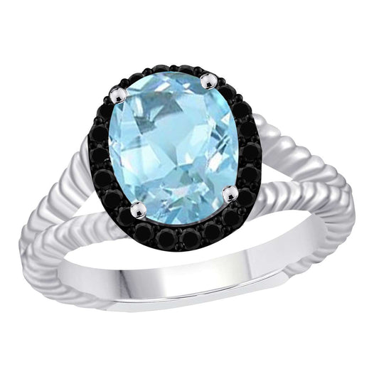 Mauli Jewels 2.00 Carat Halo Black Diamond & Oval Aquamarine Gemstone Split Shank Rope Design Ring in 10K White or Yellow Gold Mauli Jewels