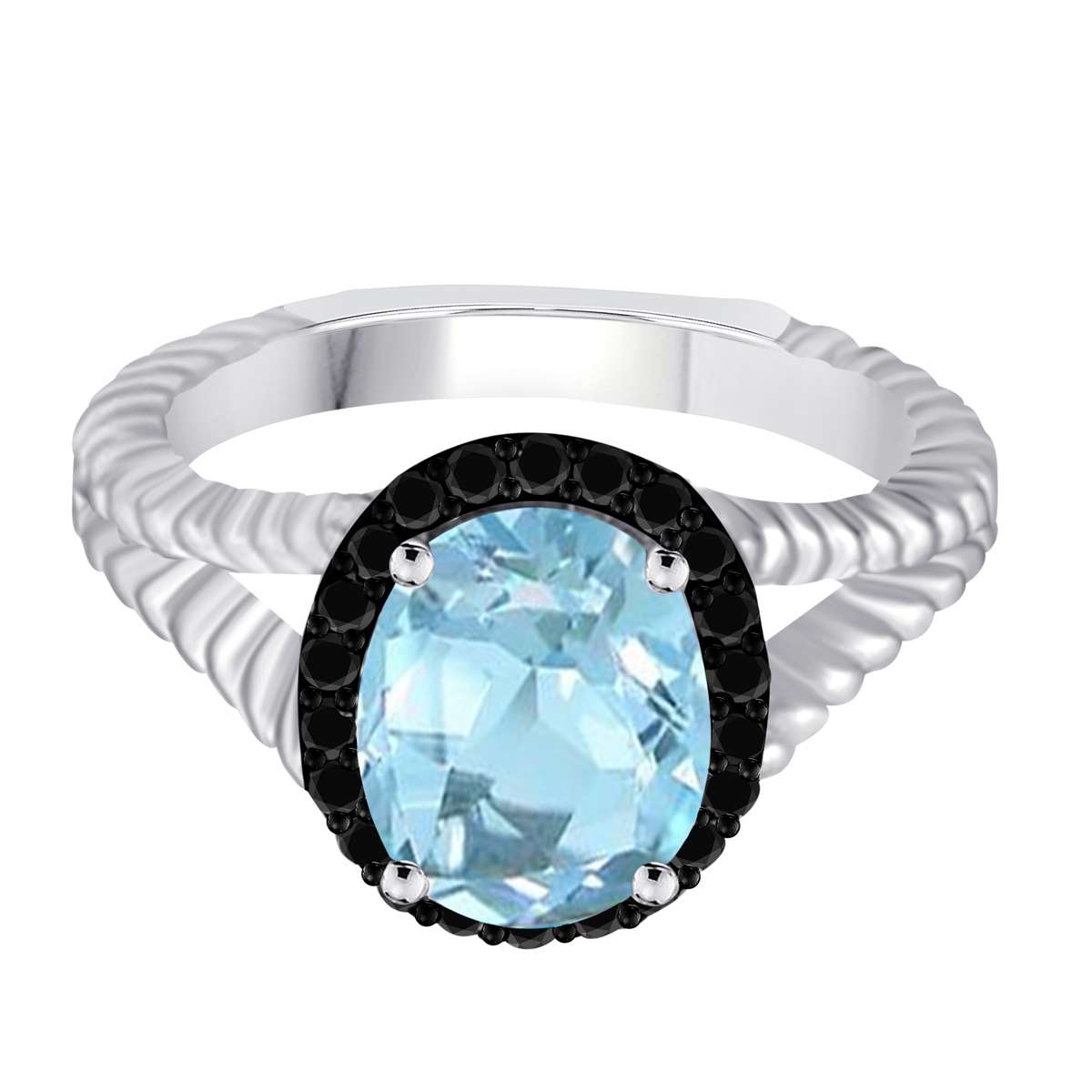 Mauli Jewels 2.00 Carat Halo Black Diamond & Oval Aquamarine Gemstone Split Shank Rope Design Ring in 10K White or Yellow Gold Mauli Jewels