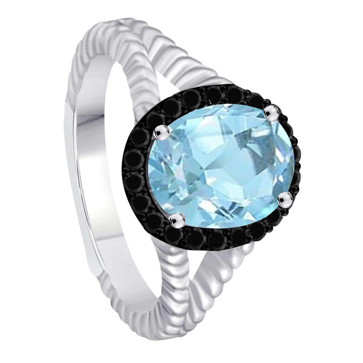 Mauli Jewels 2.00 Carat Halo Black Diamond & Oval Aquamarine Gemstone Split Shank Rope Design Ring in 10K White or Yellow Gold Mauli Jewels
