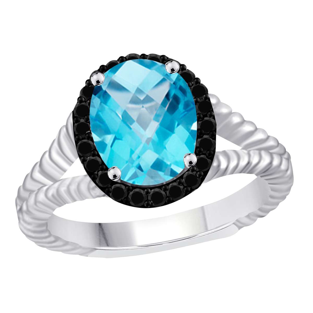 Mauli Jewels 2.00 Carat Halo Black Diamond & Oval Blue Topaz Gemstone Split Shank Rope Design Ring in 10K White or Yellow Gold Mauli Jewels