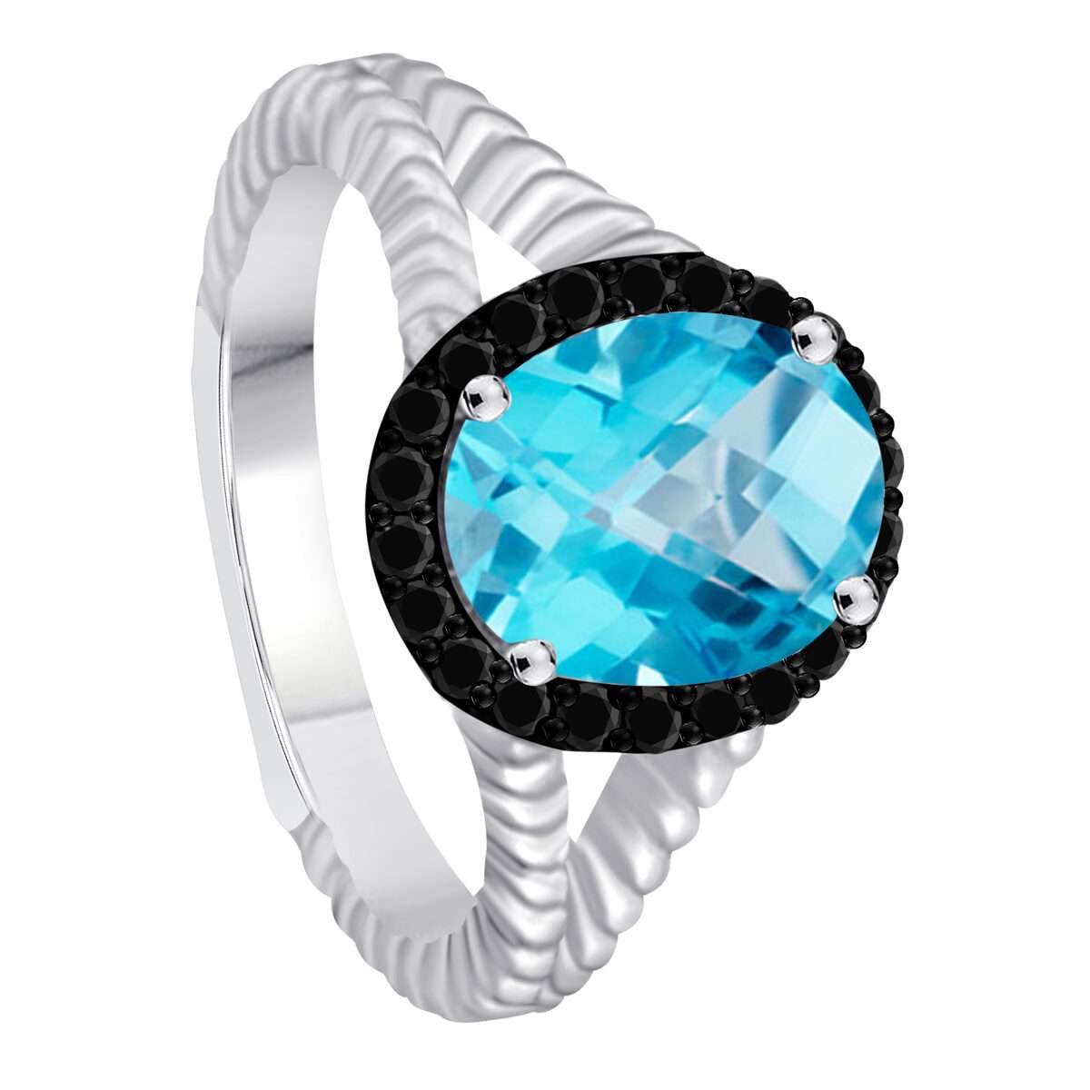Mauli Jewels 2.00 Carat Halo Black Diamond & Oval Blue Topaz Gemstone Split Shank Rope Design Ring in 10K White or Yellow Gold Mauli Jewels