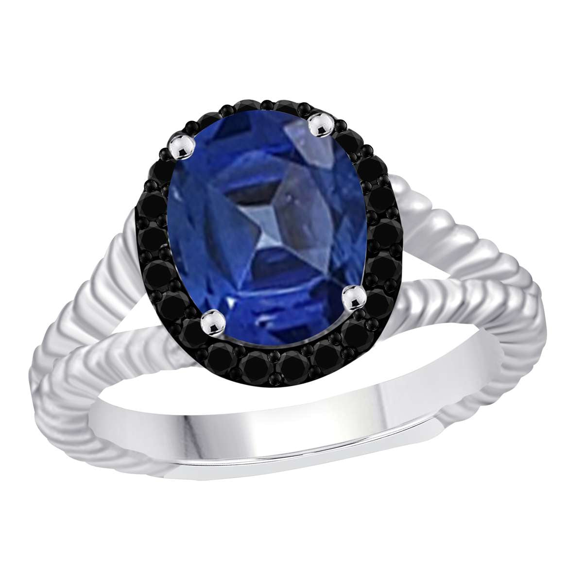 Mauli Jewels 2.00 Carat Halo Black Diamond & Oval Sapphire Gemstone Split Shank Rope Design Ring in 10K White or Yellow Gold Mauli Jewels