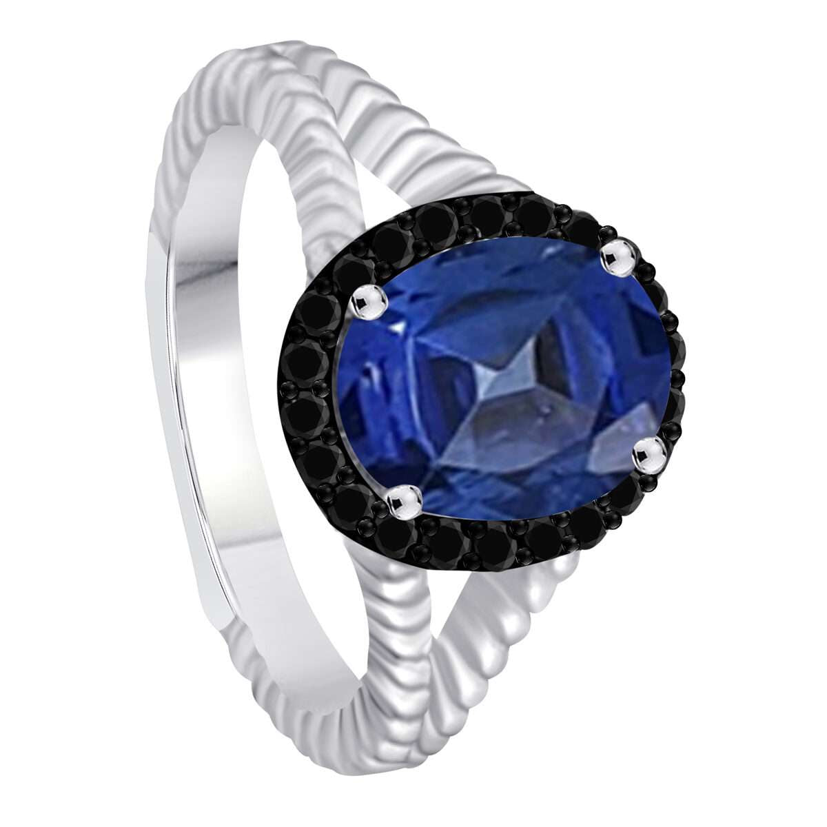 Mauli Jewels 2.00 Carat Halo Black Diamond & Oval Sapphire Gemstone Split Shank Rope Design Ring in 10K White or Yellow Gold Mauli Jewels