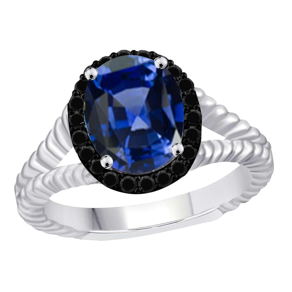 Mauli Jewels 2.00 Carat Halo Black Diamond & Oval Tanzanite Split Shank Rope Design Ring in 10K White Gold Mauli Jewels