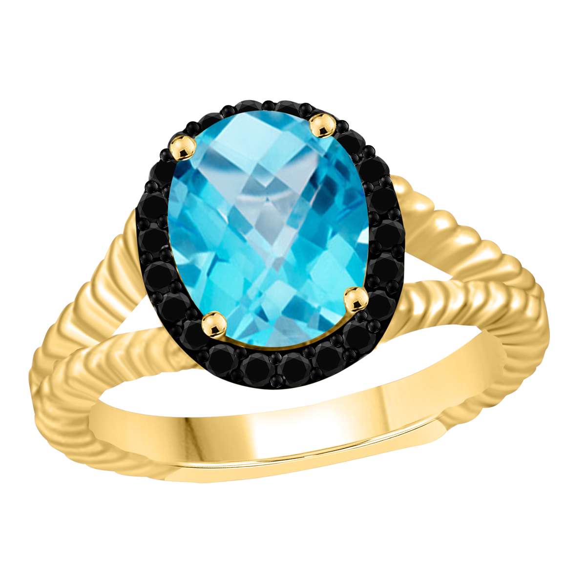 Mauli Jewels 2.00 Carat Halo Black Diamond & Oval Blue Topaz Gemstone Split Shank Rope Design Ring in 10K White or Yellow Gold Mauli Jewels