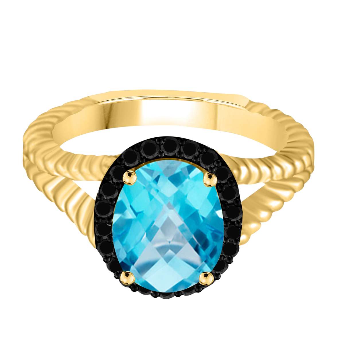 Mauli Jewels 2.00 Carat Halo Black Diamond & Oval Blue Topaz Gemstone Split Shank Rope Design Ring in 10K White or Yellow Gold Mauli Jewels
