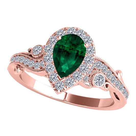 Mauli Jewels 1.35 Carat Diamond & Pear-Shaped Emerald Gemstone Halo Ring in 10K White, Rose & Yellow Gold Mauli Jewels