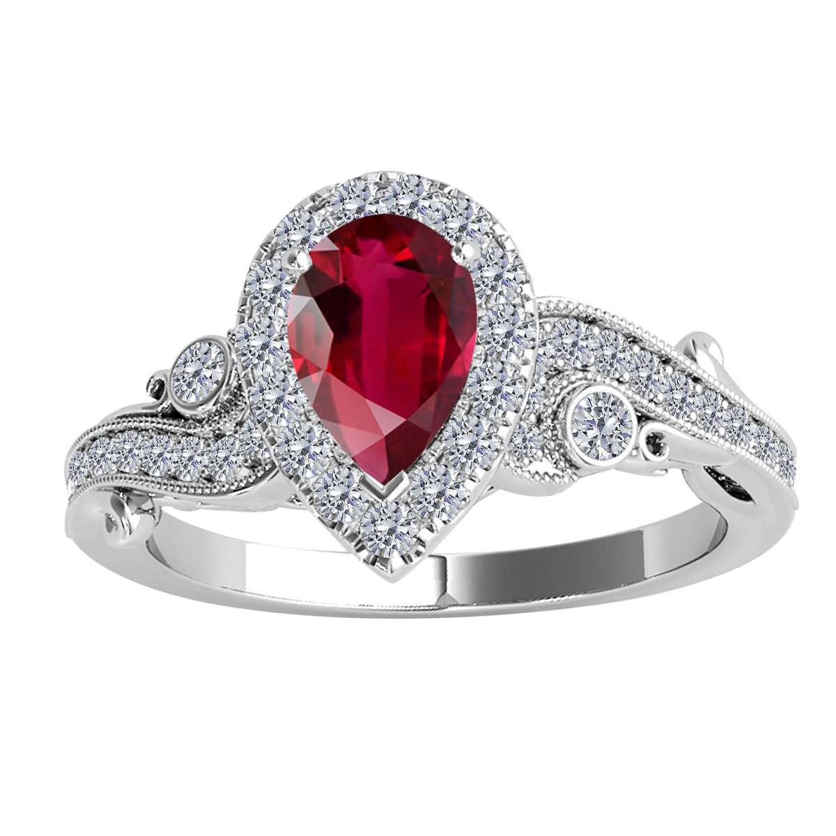 Mauli Jewels 1.35 Carat Diamond & Pear-Shaped Ruby Gemstone Halo Ring in 10K White, Rose & Yellow Gold Mauli Jewels