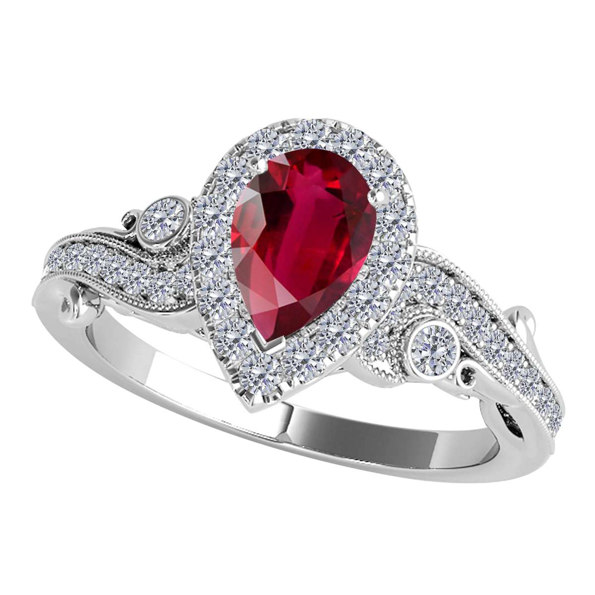 Mauli Jewels 1.35 Carat Diamond & Pear-Shaped Ruby Gemstone Halo Ring in 10K White, Rose & Yellow Gold Mauli Jewels