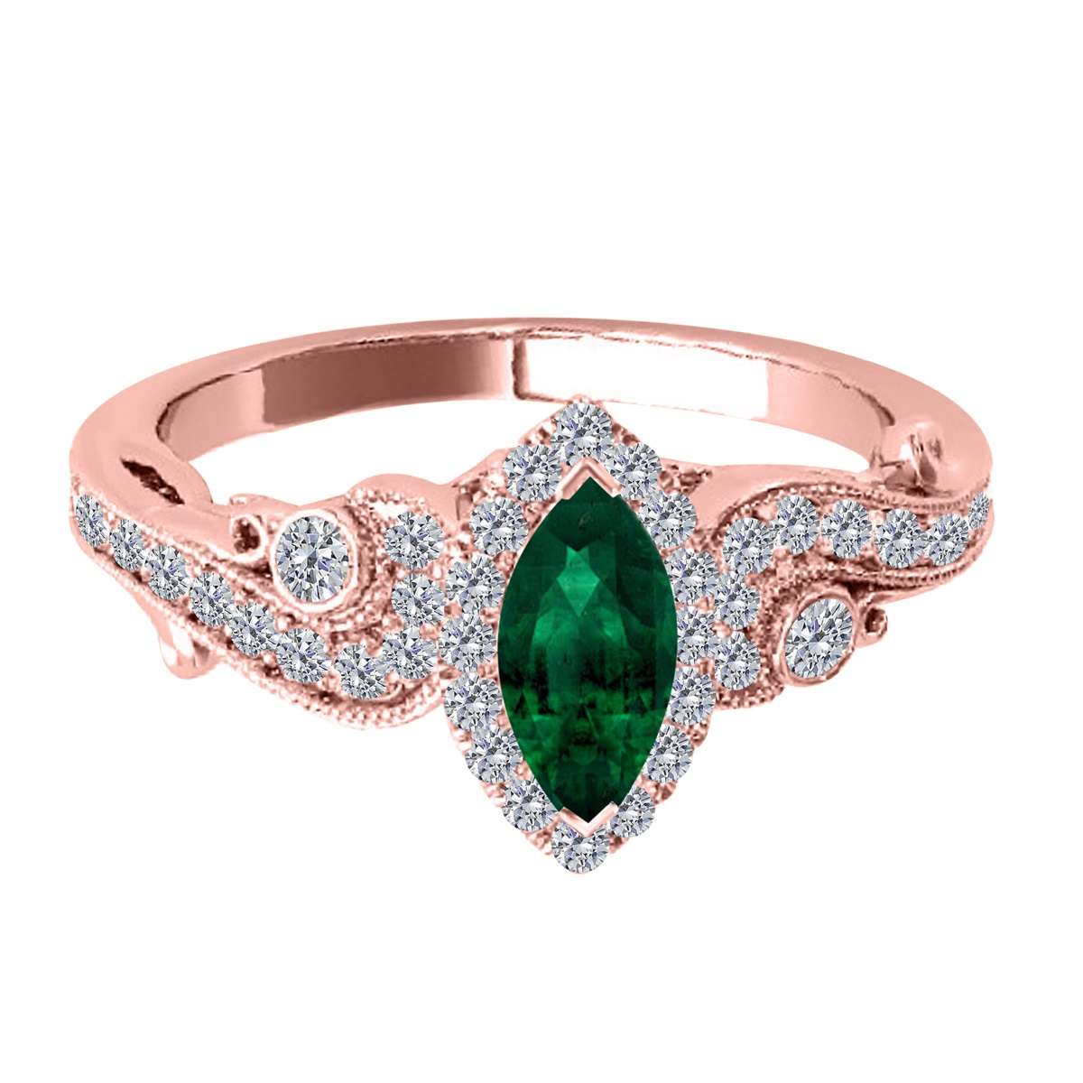 Mauli Jewels 0.75 Carat Diamond & Marquise-Shaped Emerald Gemstone Halo Ring in 14K White, Rose & Yellow Gold Mauli Jewels
