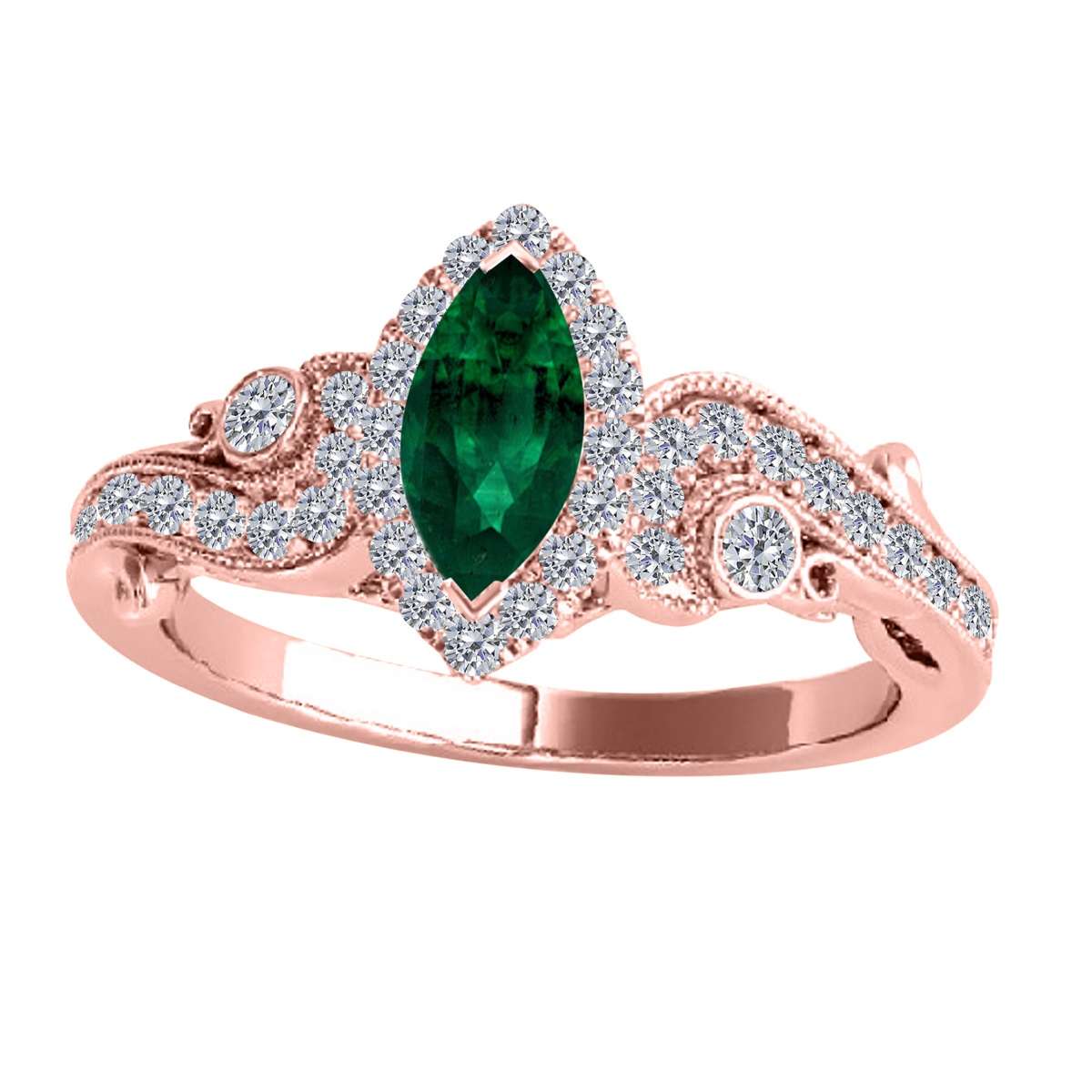 Mauli Jewels 0.75 Carat Diamond & Marquise-Shaped Emerald Gemstone Halo Ring in 14K White, Rose & Yellow Gold Mauli Jewels