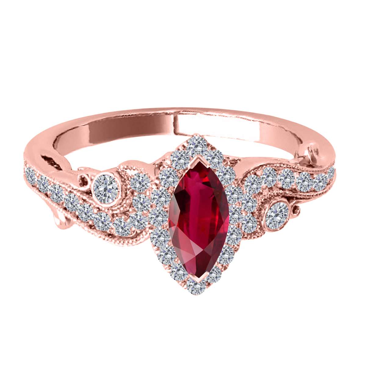 Mauli Jewels 0.75 Carat Diamond & Marquise-Shaped Ruby Gemstone Halo Ring in 14K White, Rose & Yellow Gold Mauli Jewels