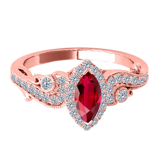 Mauli Jewels 0.75 Carat Diamond & Marquise-Shaped Ruby Gemstone Halo Ring in 14K White, Rose & Yellow Gold Mauli Jewels