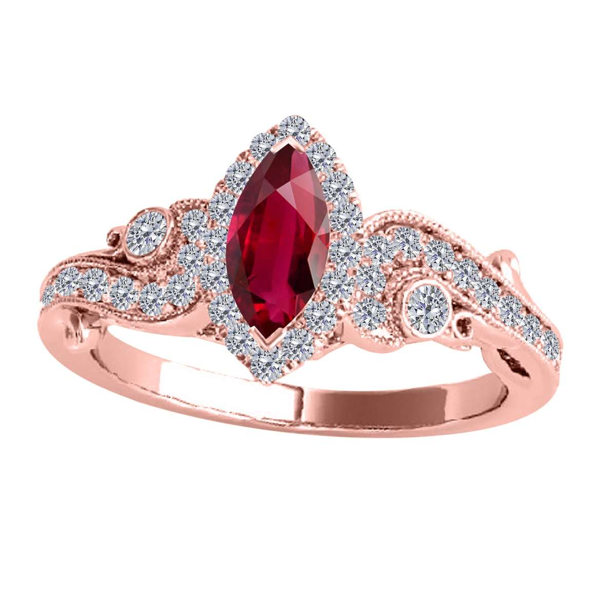 Mauli Jewels 0.75 Carat Diamond & Marquise-Shaped Ruby Gemstone Halo Ring in 14K White, Rose & Yellow Gold Mauli Jewels