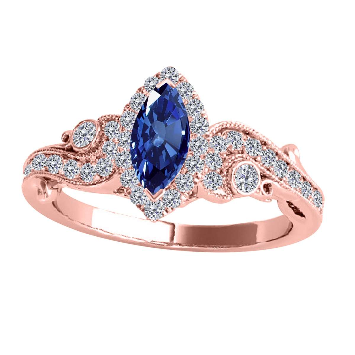 Mauli Jewels 0.75 Carat Diamond & Marquise-Shaped Sapphire Gemstone Halo Ring in 14K White, Rose & Yellow Gold Mauli Jewels