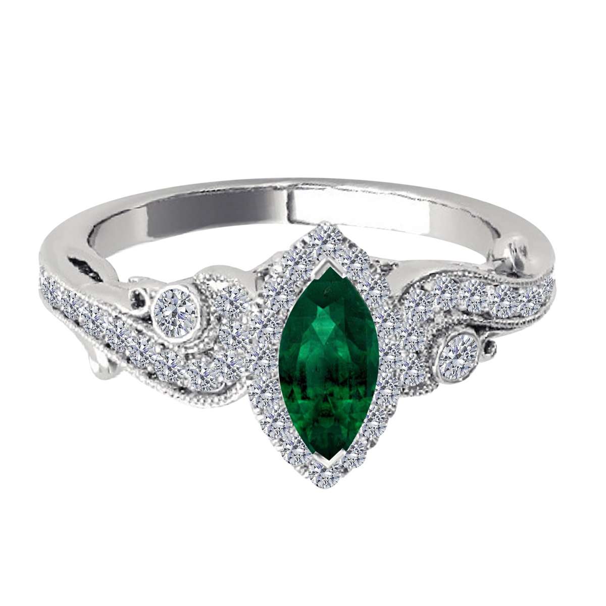 Mauli Jewels 0.75 Carat Diamond & Marquise-Shaped Emerald Gemstone Halo Ring in 14K White, Rose & Yellow Gold Mauli Jewels