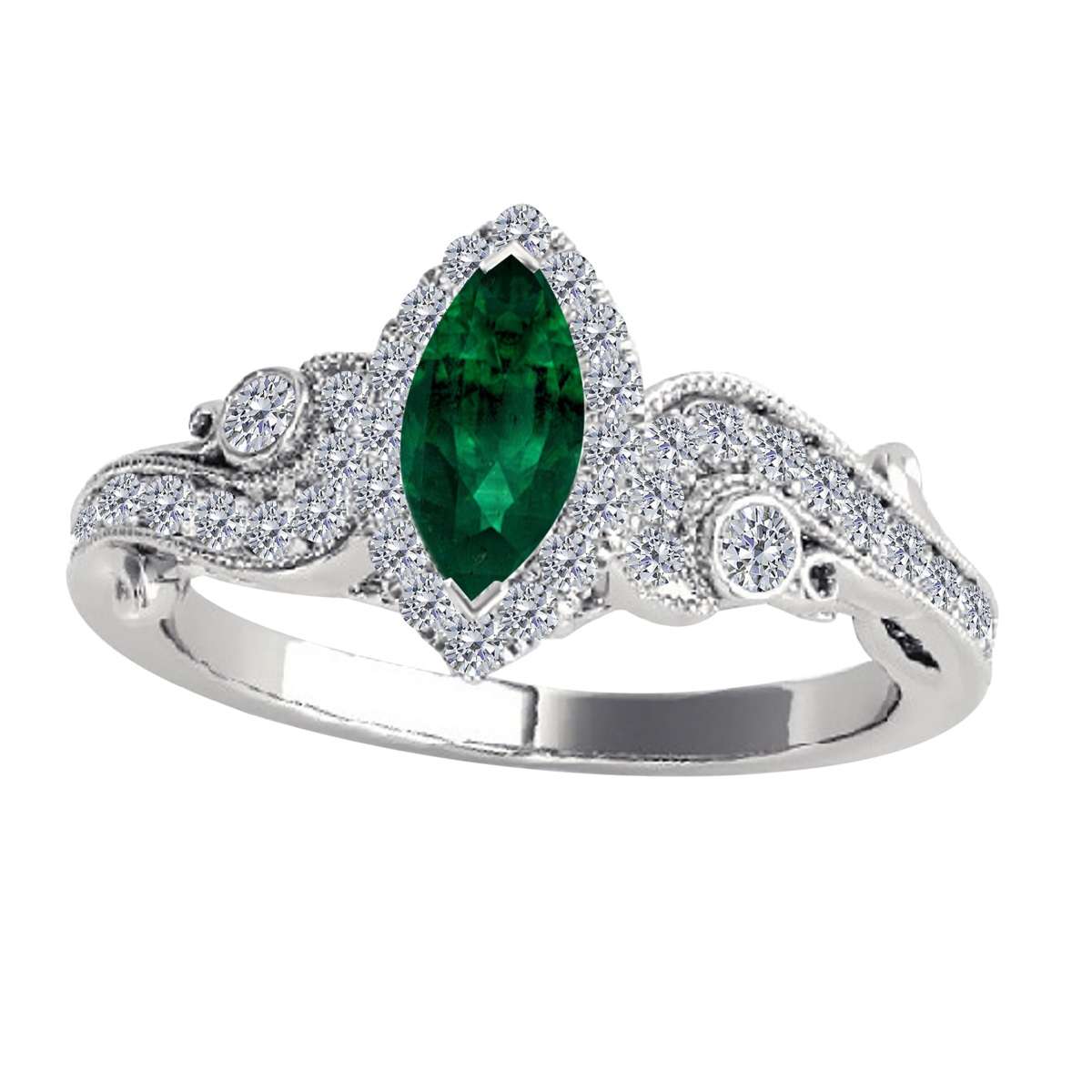 Mauli Jewels 0.75 Carat Diamond & Marquise-Shaped Emerald Gemstone Halo Ring in 14K White, Rose & Yellow Gold Mauli Jewels