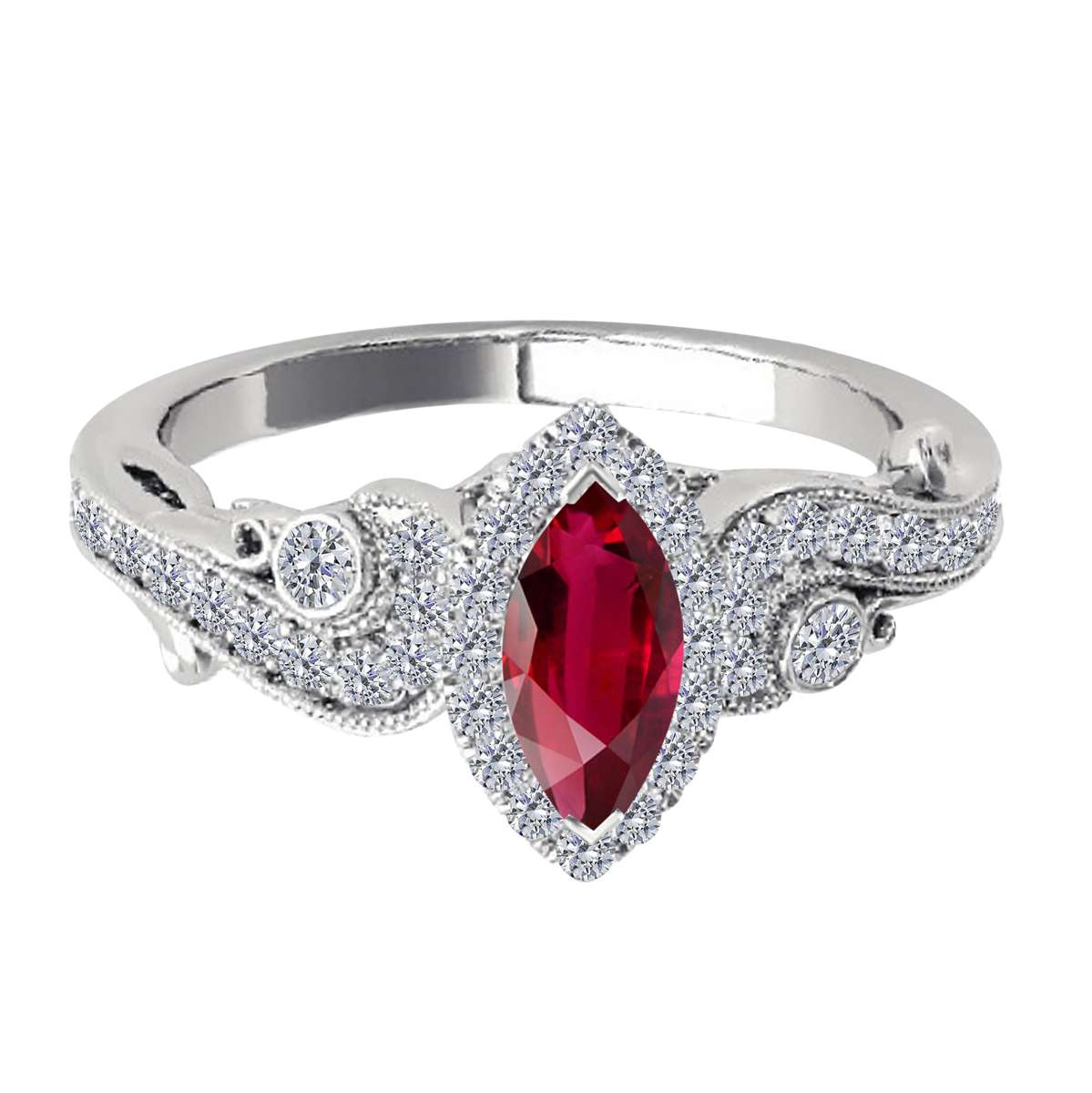 Mauli Jewels 0.75 Carat Diamond & Marquise-Shaped Ruby Gemstone Halo Ring in 14K White, Rose & Yellow Gold Mauli Jewels