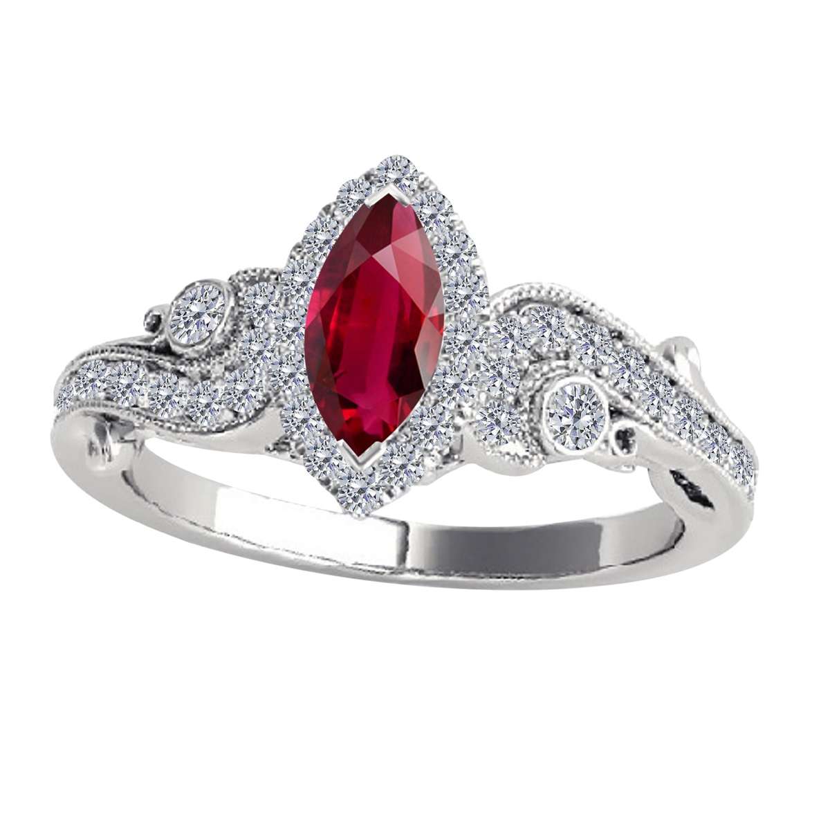 Mauli Jewels 0.75 Carat Diamond & Marquise-Shaped Ruby Gemstone Halo Ring in 14K White, Rose & Yellow Gold Mauli Jewels