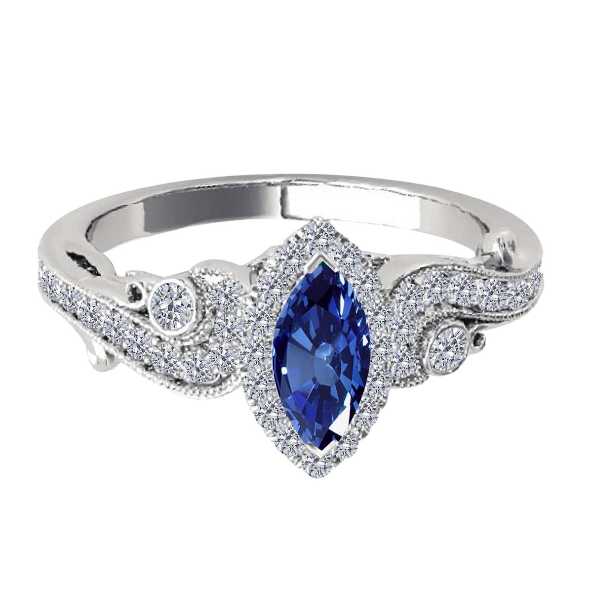 Mauli Jewels 0.75 Carat Diamond & Marquise-Shaped Sapphire Gemstone Halo Ring in 14K White, Rose & Yellow Gold Mauli Jewels