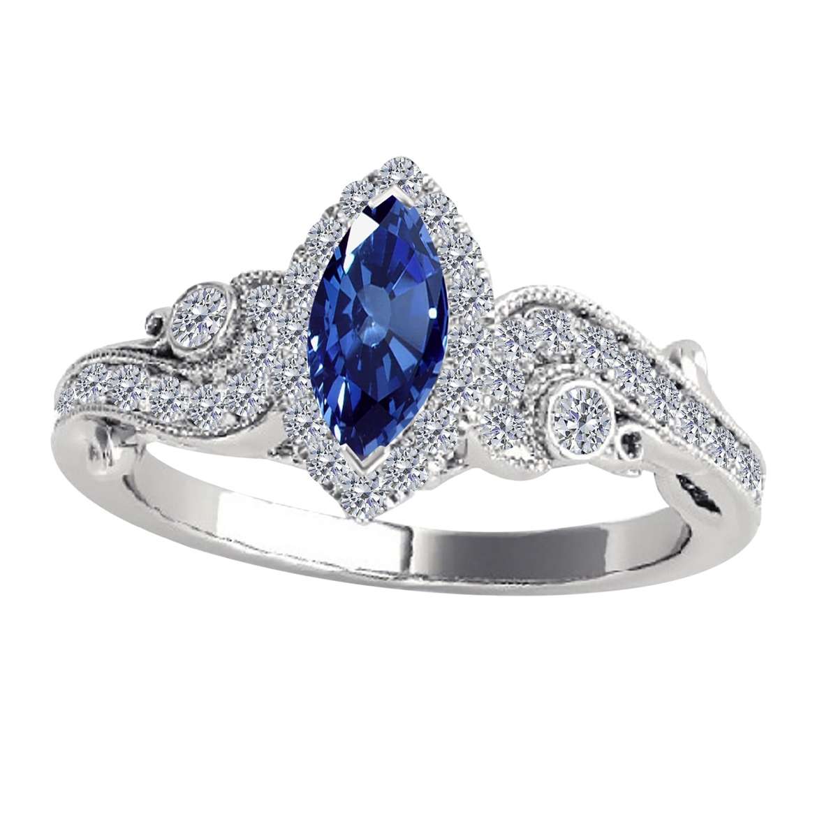 Mauli Jewels 0.75 Carat Diamond & Marquise-Shaped Sapphire Gemstone Halo Ring in 14K White, Rose & Yellow Gold Mauli Jewels