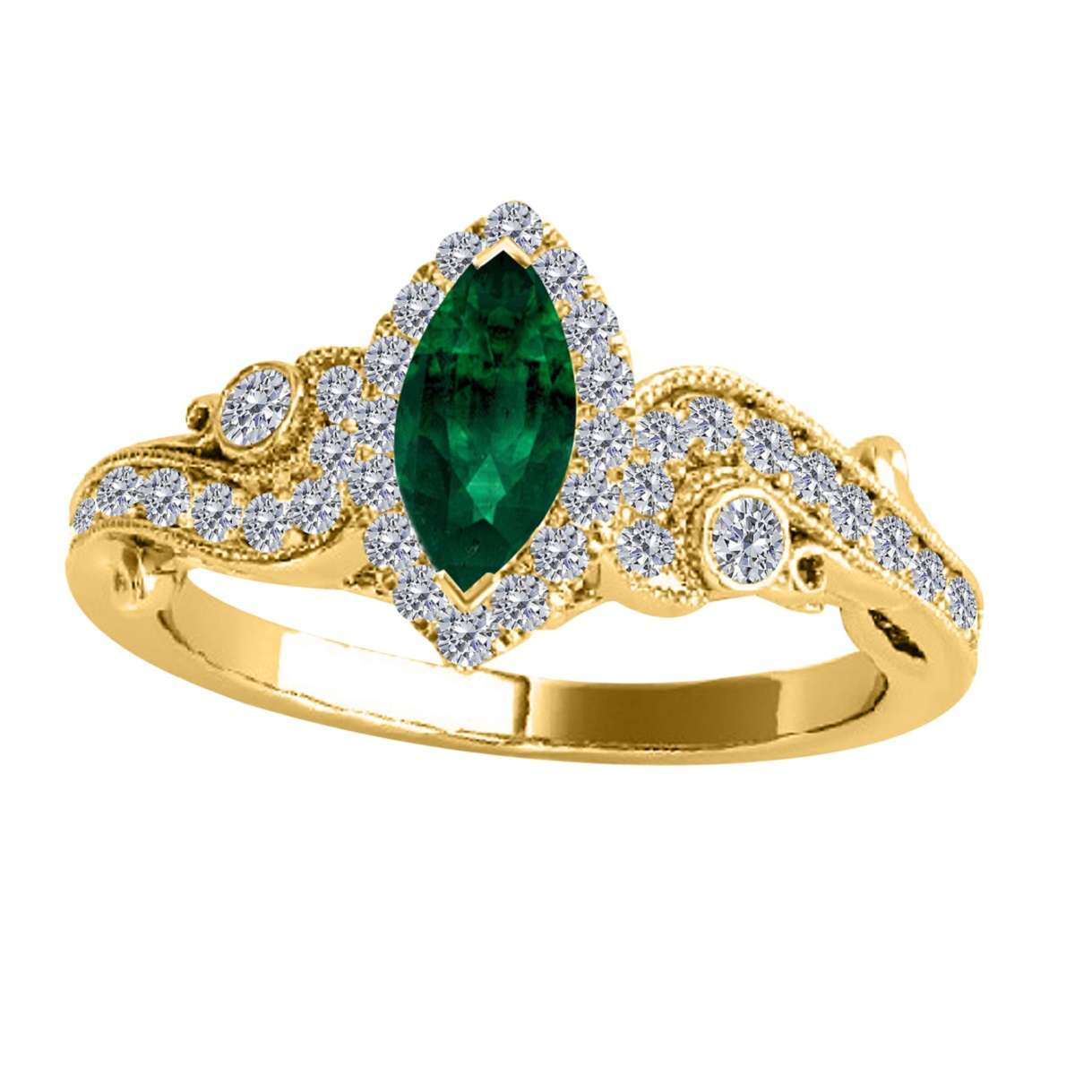 Mauli Jewels 0.75 Carat Diamond & Marquise-Shaped Emerald Gemstone Halo Ring in 14K White, Rose & Yellow Gold Mauli Jewels