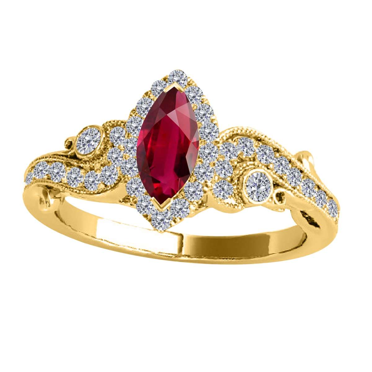 Mauli Jewels 0.75 Carat Diamond & Marquise-Shaped Ruby Gemstone Halo Ring in 14K White, Rose & Yellow Gold Mauli Jewels