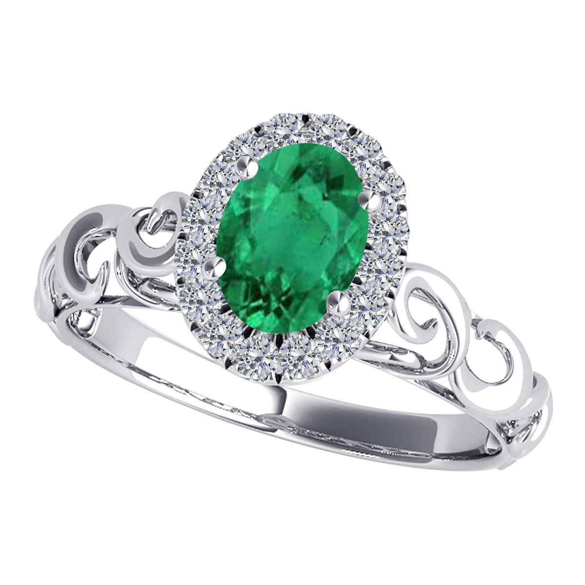 Mauli Jewels 0.90 Carat Diamond & Oval-Shaped Emerald Gemstone Halo Ring in 14K White, Rose & Yellow Gold Mauli Jewels