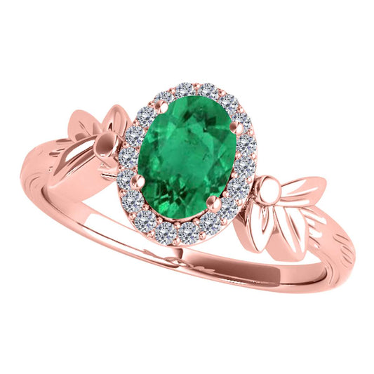 Mauli Jewels 0.90 Carat Diamond and Oval-Shaped Emerald Gemstone Halo Ring in 10K White, Rose, and Yellow Gold Mauli Jewels