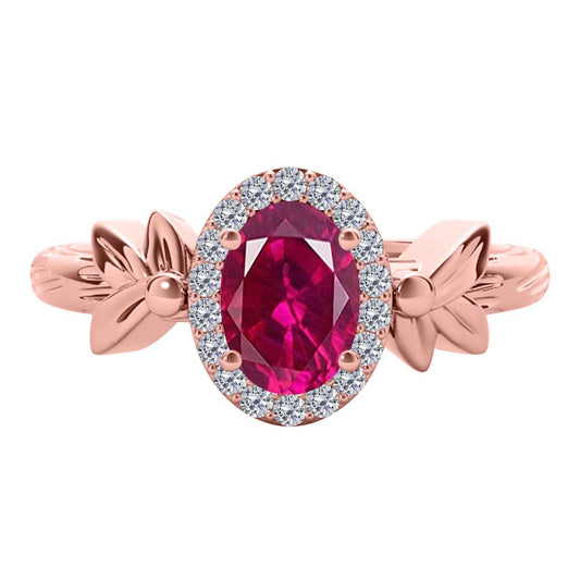 Mauli Jewels 0.90 Carat Diamond and Oval-Shaped Ruby Gemstone Halo Ring in 10K White, Rose, and Yellow Gold Mauli Jewels