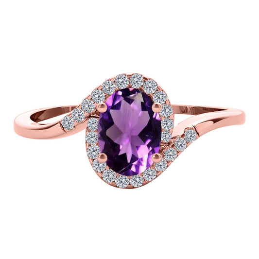 Elegant Halo Ring with 1.0 Carat Diamond & Amethyst in 14K White, Rose & Yellow Gold Mauli Jewels
