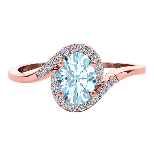 Elegant Halo Ring: 1.0 Carat Diamond & Oval Aquamarine Gemstone in 14K White, Rose & Yellow Gold by Mauli Jewels Mauli Jewels