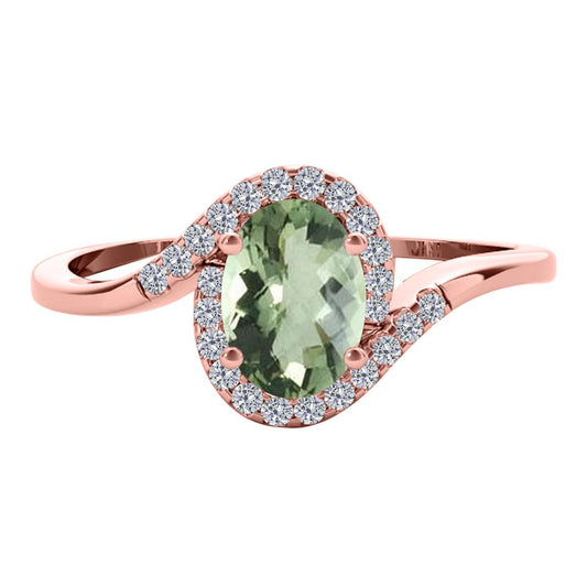 Elegant Halo Ring: 1.0 Carat Diamond & Oval Green Amethyst Gemstone in 14K White, Rose & Yellow Gold by Mauli Jewels Mauli Jewels