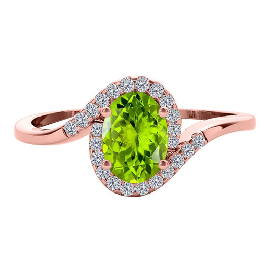 Elegant Halo Ring: 1.0 Carat Diamond & Oval Peridot Gemstone in 14K White, Rose & Yellow Gold by Mauli Jewels Mauli Jewels