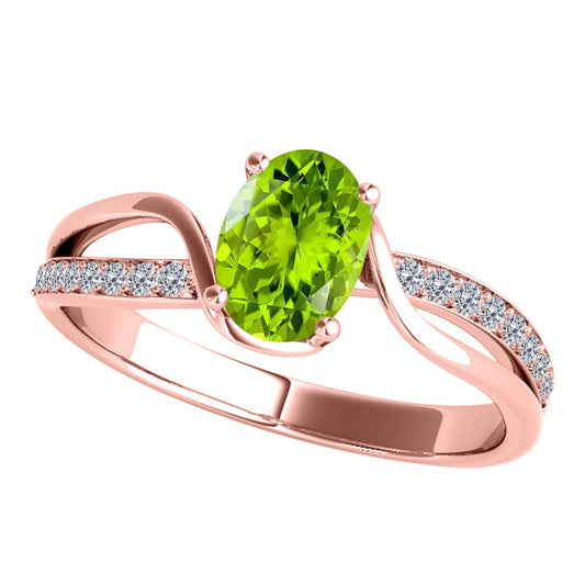 Maulijewels 1.40 Carat Oval Shape Peridot & Round White Diamond Gemstone Ring with Enchanting Split Shank Design in Prong-Setting 14K White, Yellow, and Rose Gold Mauli Jewels