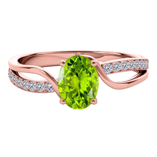 Maulijewels 1.40 Carat Oval Shape Peridot & Round White Diamond Gemstone Ring with Enchanting Split Shank Design in Prong-Setting 14K White, Yellow, and Rose Gold Mauli Jewels