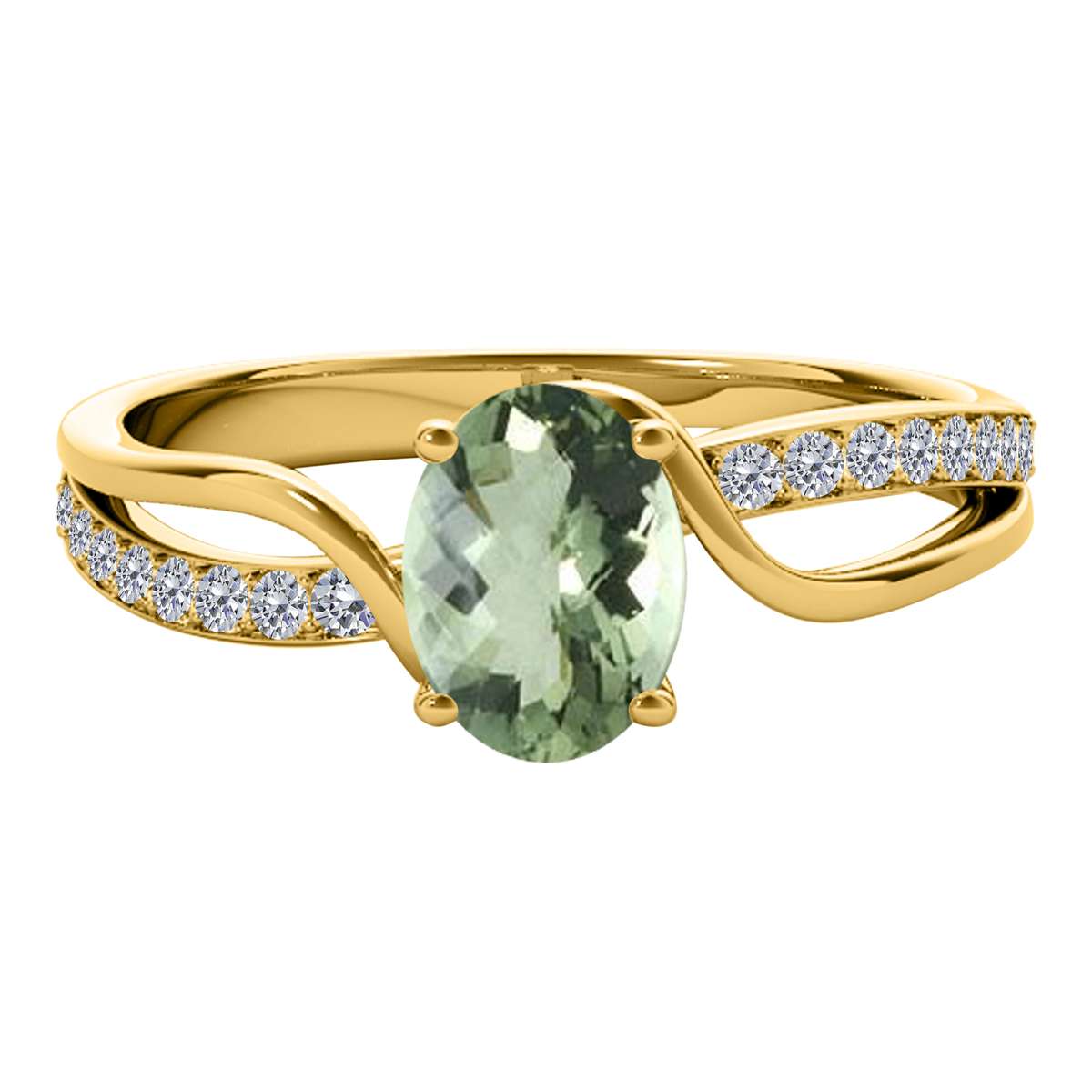 Mauli Jewels 1.40 Carat Oval Green Amethyst & Round White Diamond Ring with Split Shank Design in 14K White, Yellow, and Rose Gold Mauli Jewels