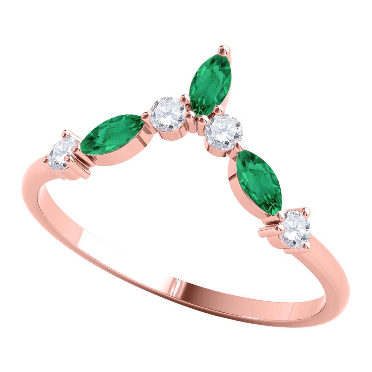 0.40 Carat Prong Set Natural Diamond & Marquise Shape Emerald Gemstone Wedding Band In 10K Rose White & Yellow Solid Gold Mauli Jewels