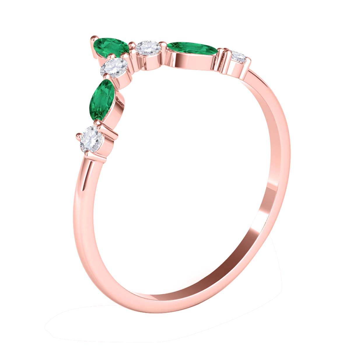 0.40 Carat Prong Set Natural Diamond & Marquise Shape Emerald Gemstone Wedding Band In 10K Rose White & Yellow Solid Gold Mauli Jewels