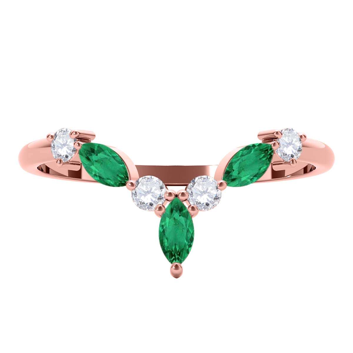 0.40 Carat Prong Set Natural Diamond & Marquise Shape Emerald Gemstone Wedding Band In 10K Rose White & Yellow Solid Gold Mauli Jewels