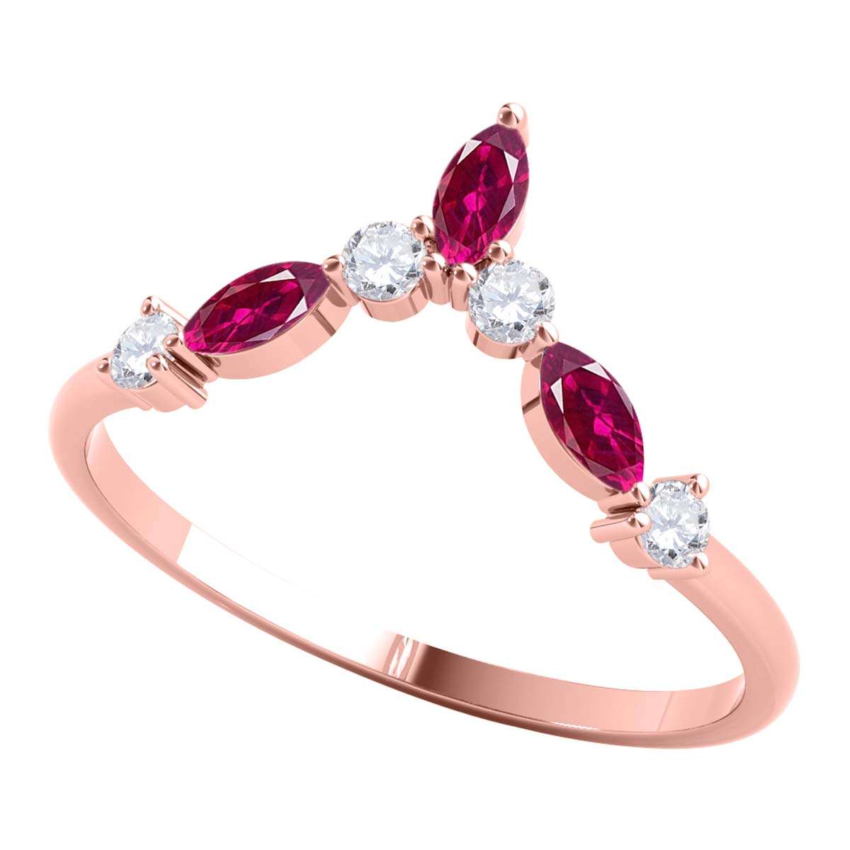 0.40 Carat Prong Set Natural Diamond & Marquise Shape Ruby Gemstone Wedding Band In 10K Rose White & Yellow Solid Gold Mauli Jewels